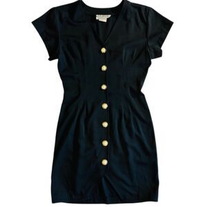 La Belle Vintage Black Button Front Dress Short Sleeve V-Neck Career Office Wear
